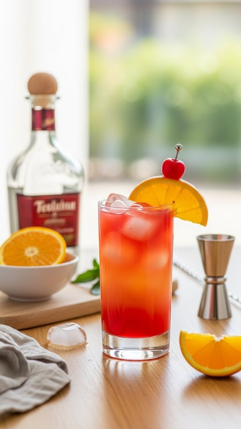 Tequila Sunrise cocktail displaying red-orange gradient layers in highball glass with citrus garnish