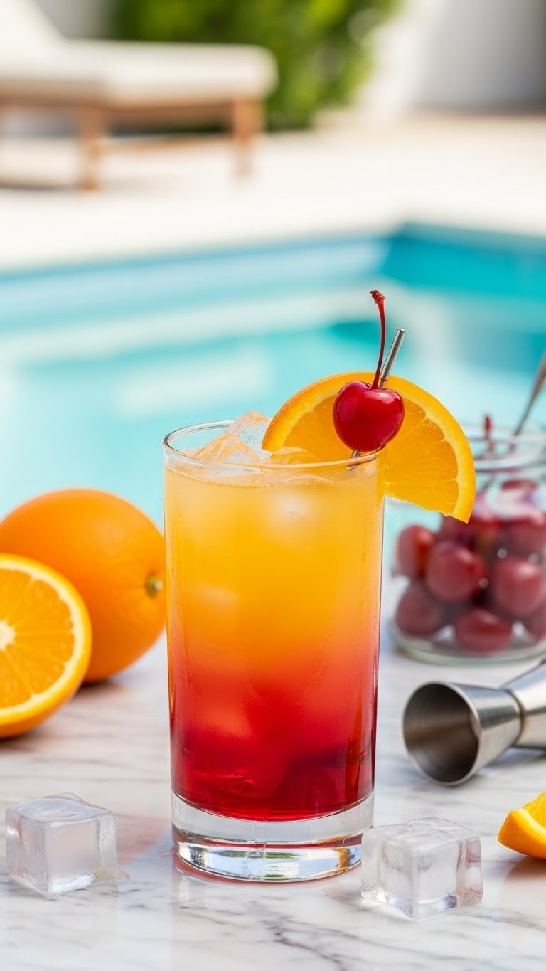 Tequila Sunrise cocktail showing layered orange juice and grenadine with orange slice garnish in tall glass