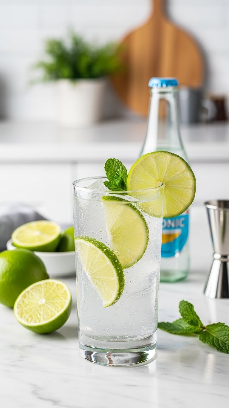 Tequila & Tonic with effervescent bubbles and lime slices in tall highball glass on marble