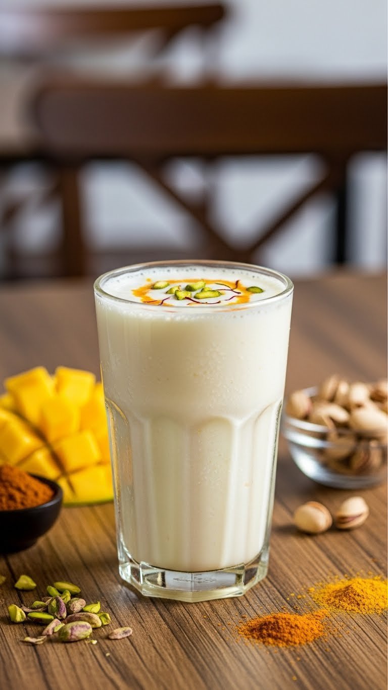 Thick frothy mango lassi garnished with chopped pistachios and saffron threads