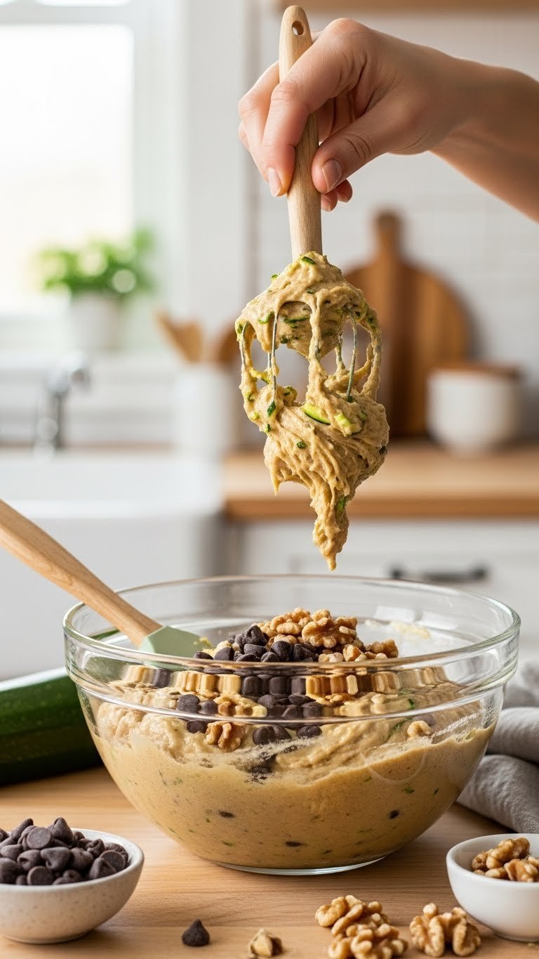 Thick golden zucchini bread batter with chocolate chips and walnuts in mixing bowl ready for baking