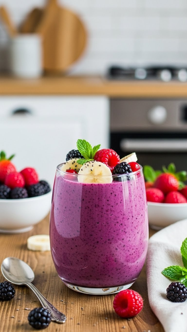 Thick purple Berry Banana Smoothie topped with fresh berries, banana slices and chia seeds in clear glass on rustic wooden table.
