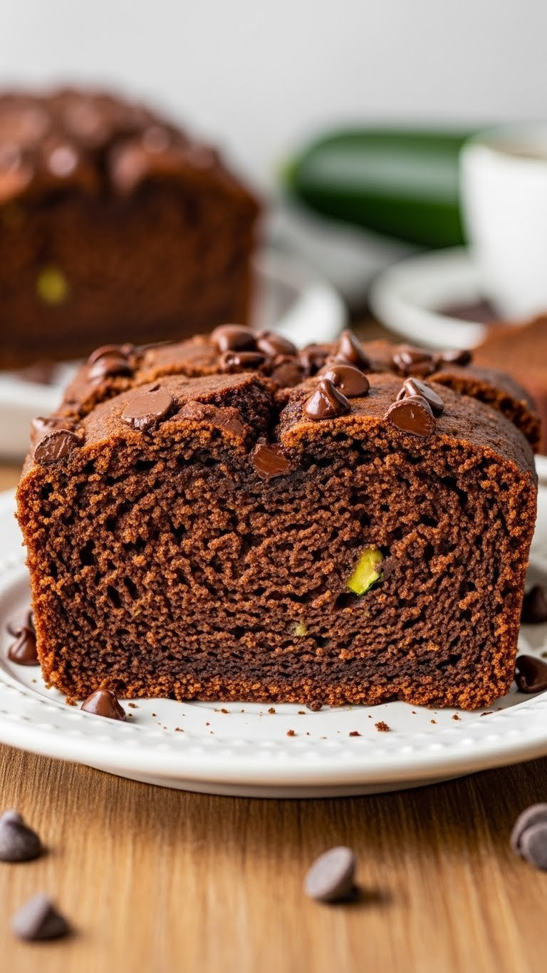 Thick slice of chocolate chip eggless zucchini loaf on white ceramic plate with melted chocolate chips visible