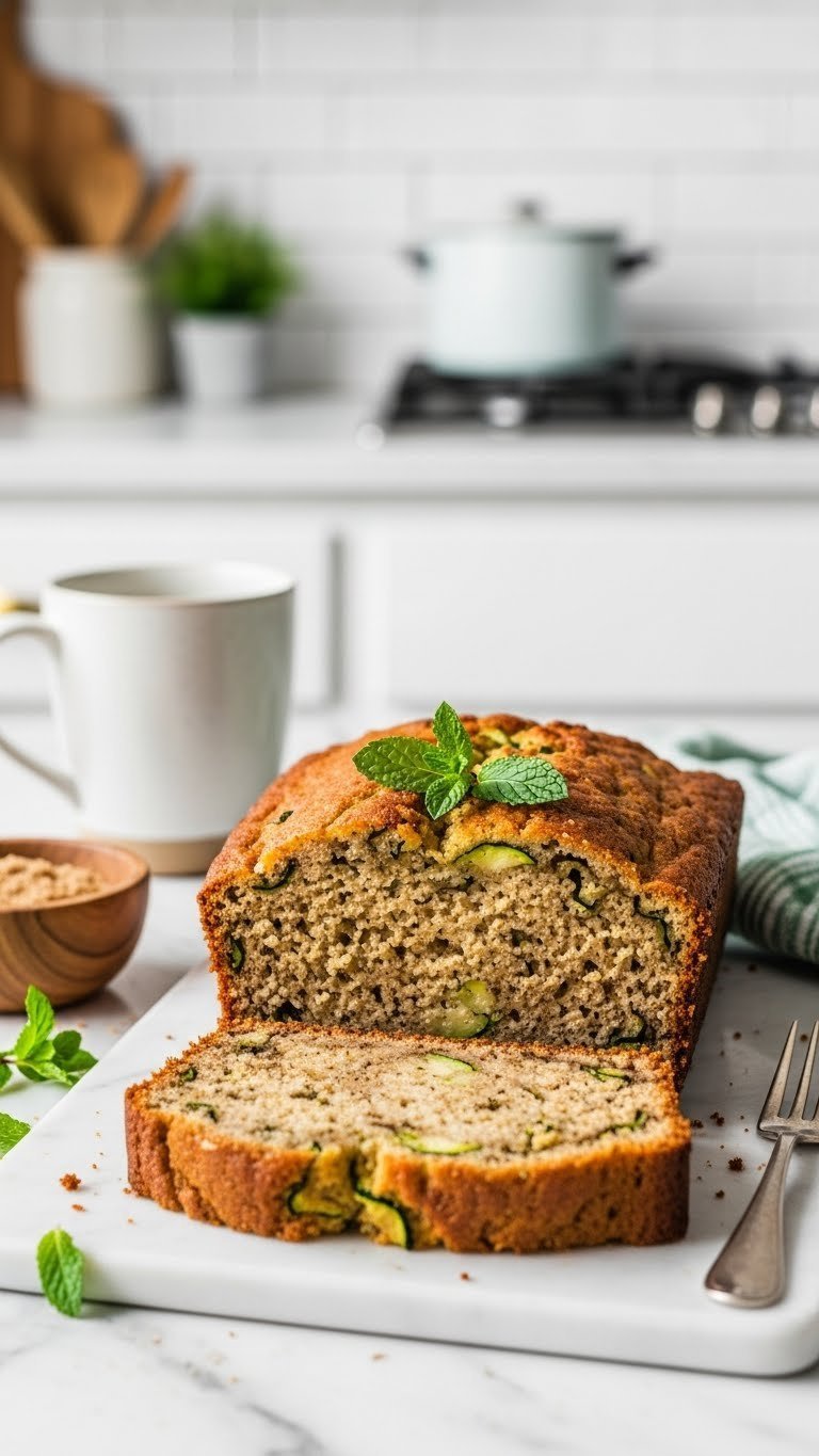Thick slice of healthy sugar-free gluten-free zucchini bread with rustic texture and green zucchini on marble countertop