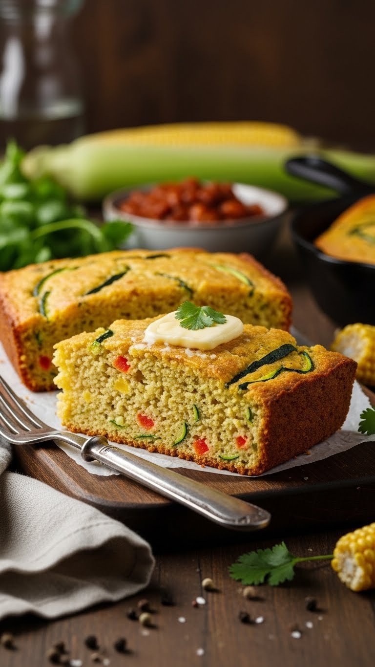 Thick slice of savory vegan zucchini cornbread with rustic crumb and vegan butter on dark wooden board