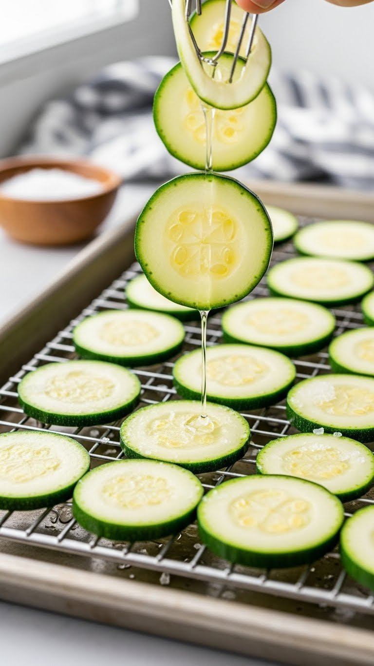 Thinly sliced zucchini rounds arranged on wire rack with salt crystals for preparing ground beef zucchini bake