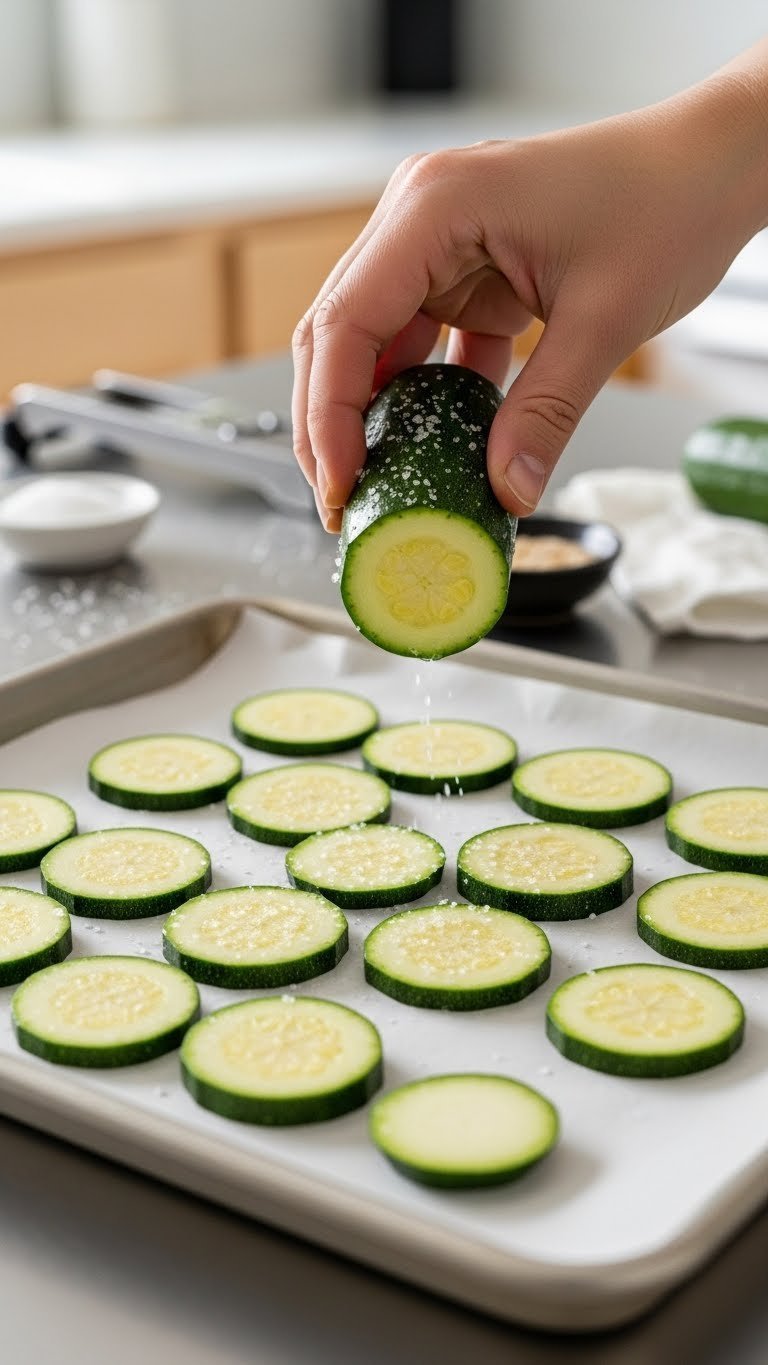Thinly sliced zucchini sprinkled with sea salt on parchment-lined baking sheet with mandoline slicer in background