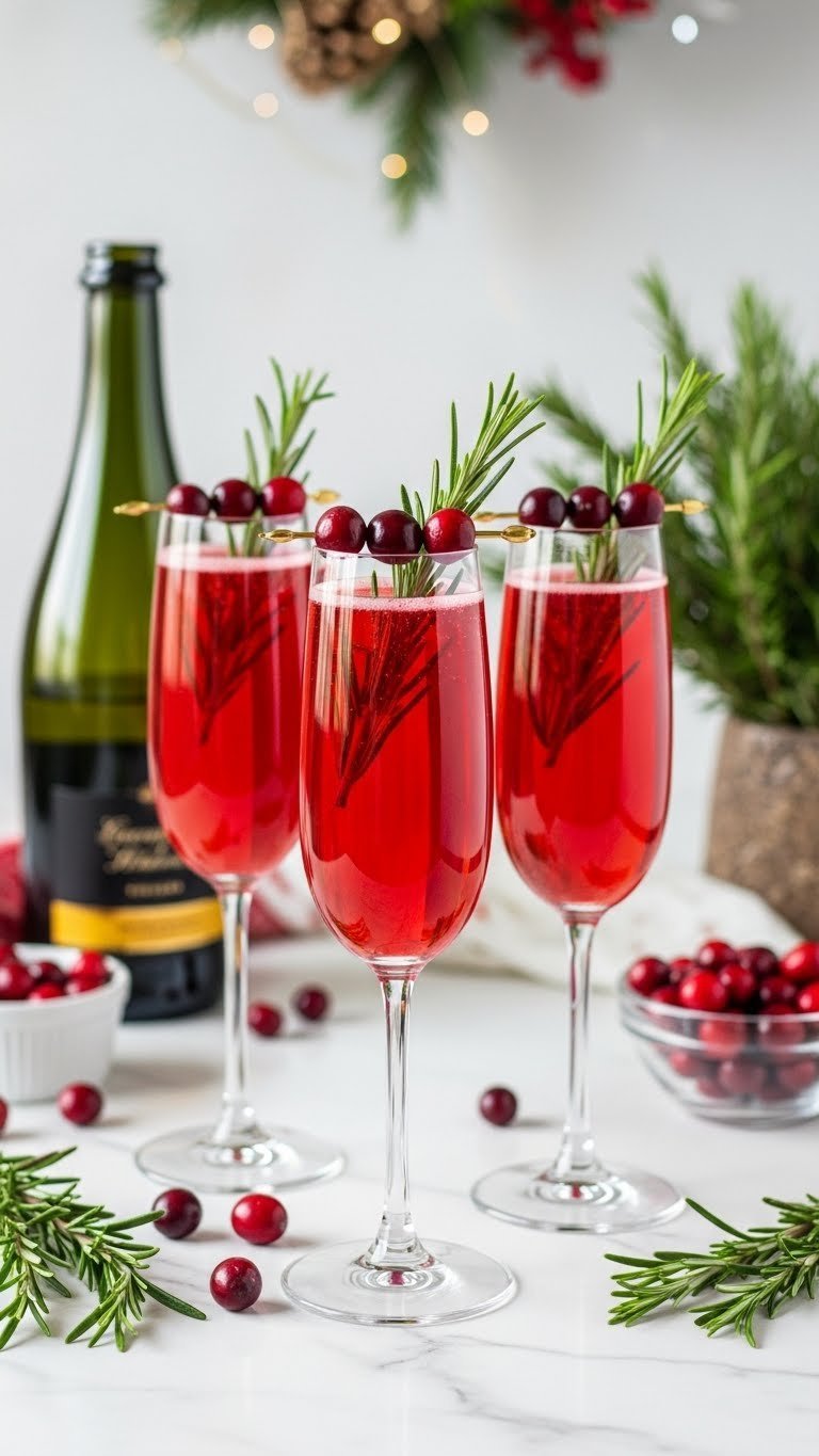 Three elegant champagne flutes with festive cranberry rosemary mimosas garnished with rosemary sprigs