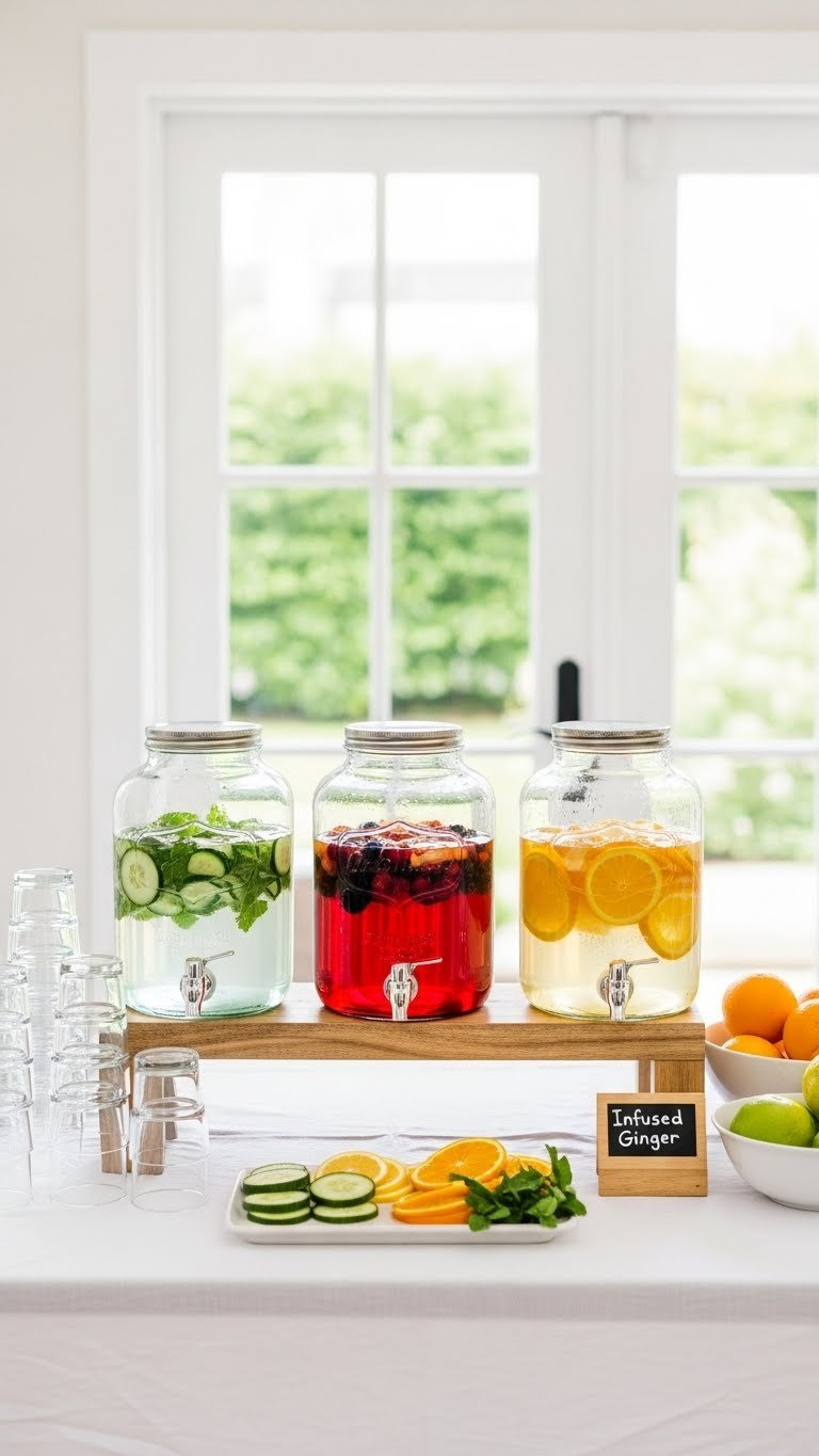 Three glass beverage dispensers with colorful cucumber-mint, lemon-berry, and orange-ginger infused waters on wooden stand