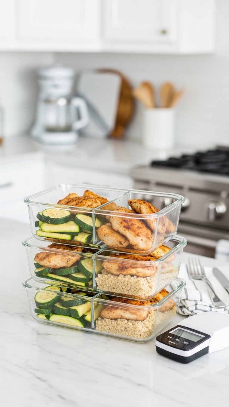 Three glass meal prep containers filled with baked chicken and zucchini portions arranged on white marble countertop.