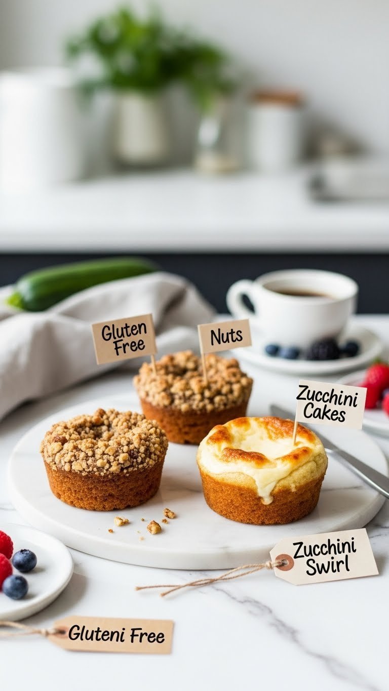 Three mini zucchini coffee cake variations including gluten-free, nut crumble, and cream cheese swirl on marble counter