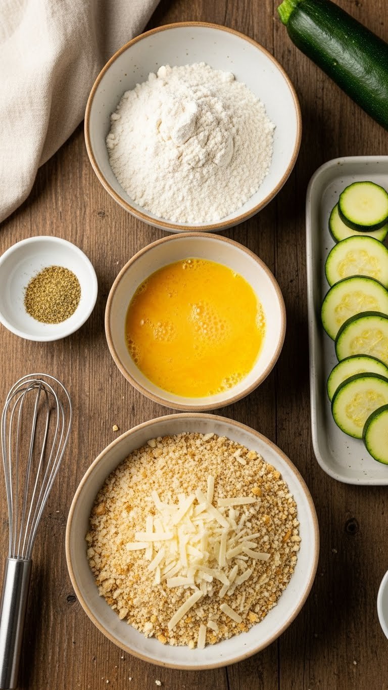 Three-station breading setup with flour, egg wash, and Panko-Parmesan mixture for oven-fried zucchini