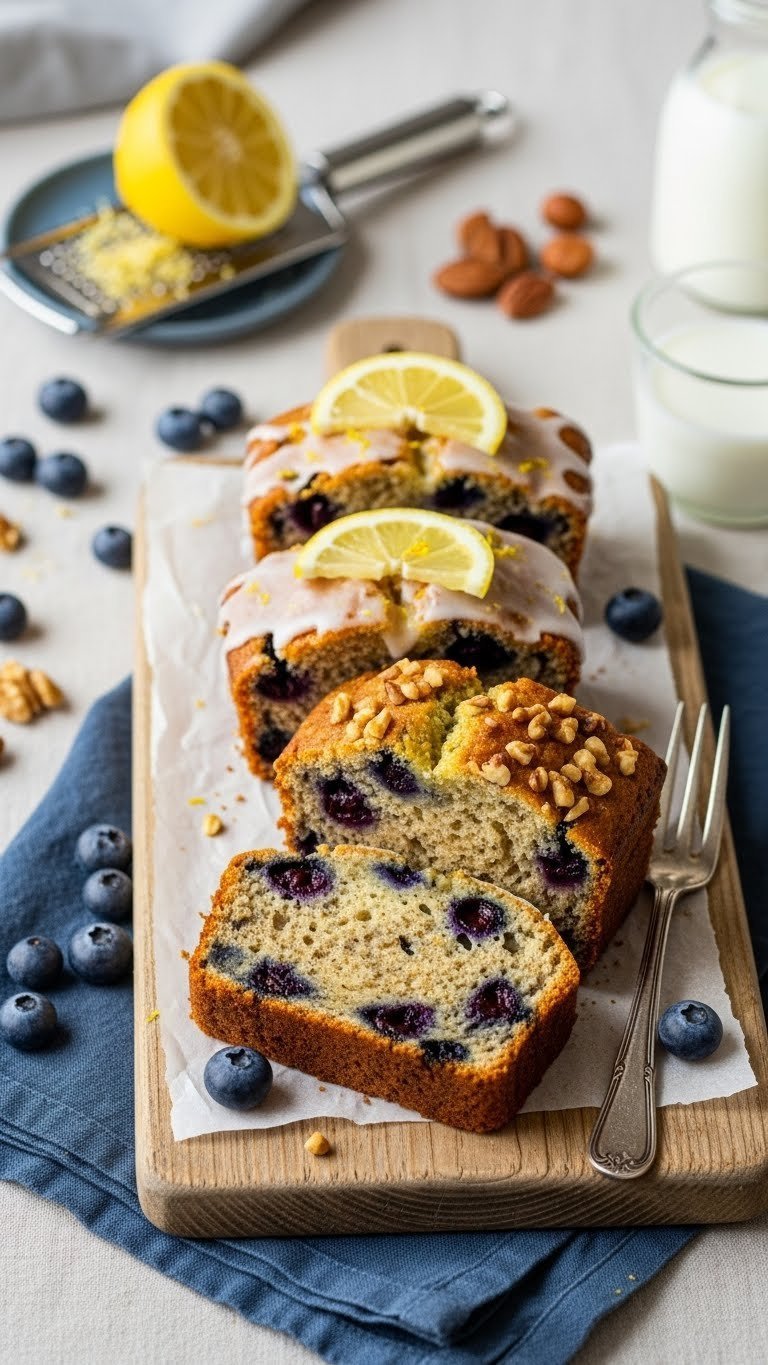 Perfect Blueberry Zucchini Bread: Easy, Moist, Crumb Topped 15 Three variations of blueberry zucchini bread slices with lemon glaze, walnuts, and extra blueberries on wooden board.