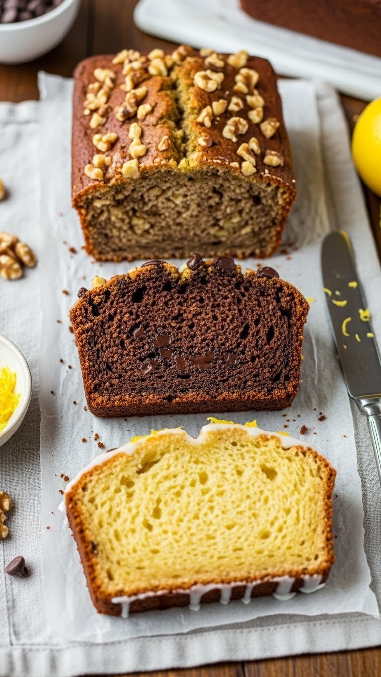 Pioneer Woman Zucchini Bread: Easy, Extra Moist Recipe 13 Three zucchini bread slices showing walnut, chocolate chip, and lemon variations on rustic wooden table