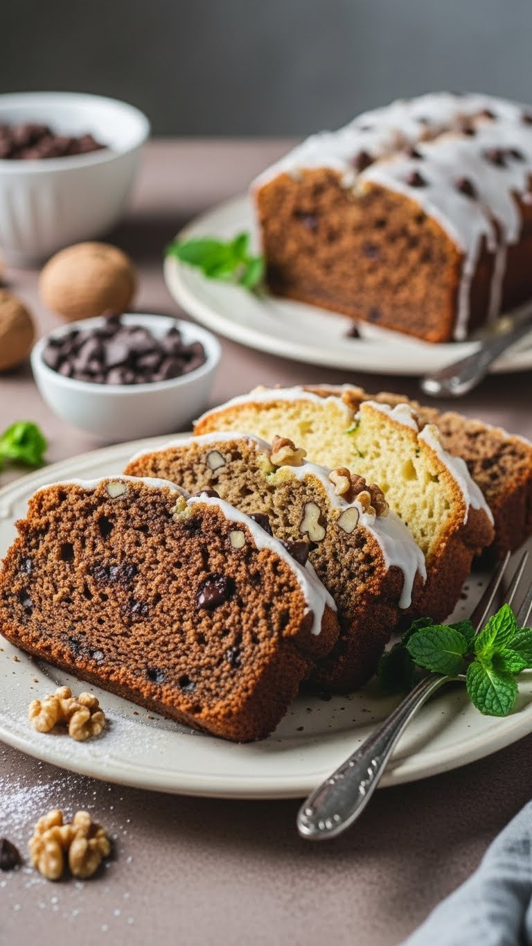 Three zucchini bread slices with chocolate chips, walnuts, and vanilla glaze on ceramic plate