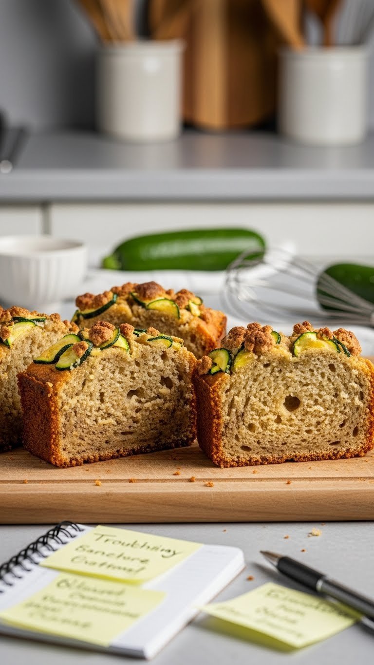 Three zucchini coffee cake slices showing baking faults like soggy bottom, dense crumb, and sunken center on cutting board
