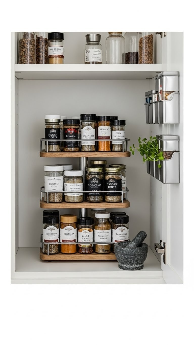 Tiered spice rack with uniform jars neatly organized in light-colored kitchen cabinet or on backsplash.