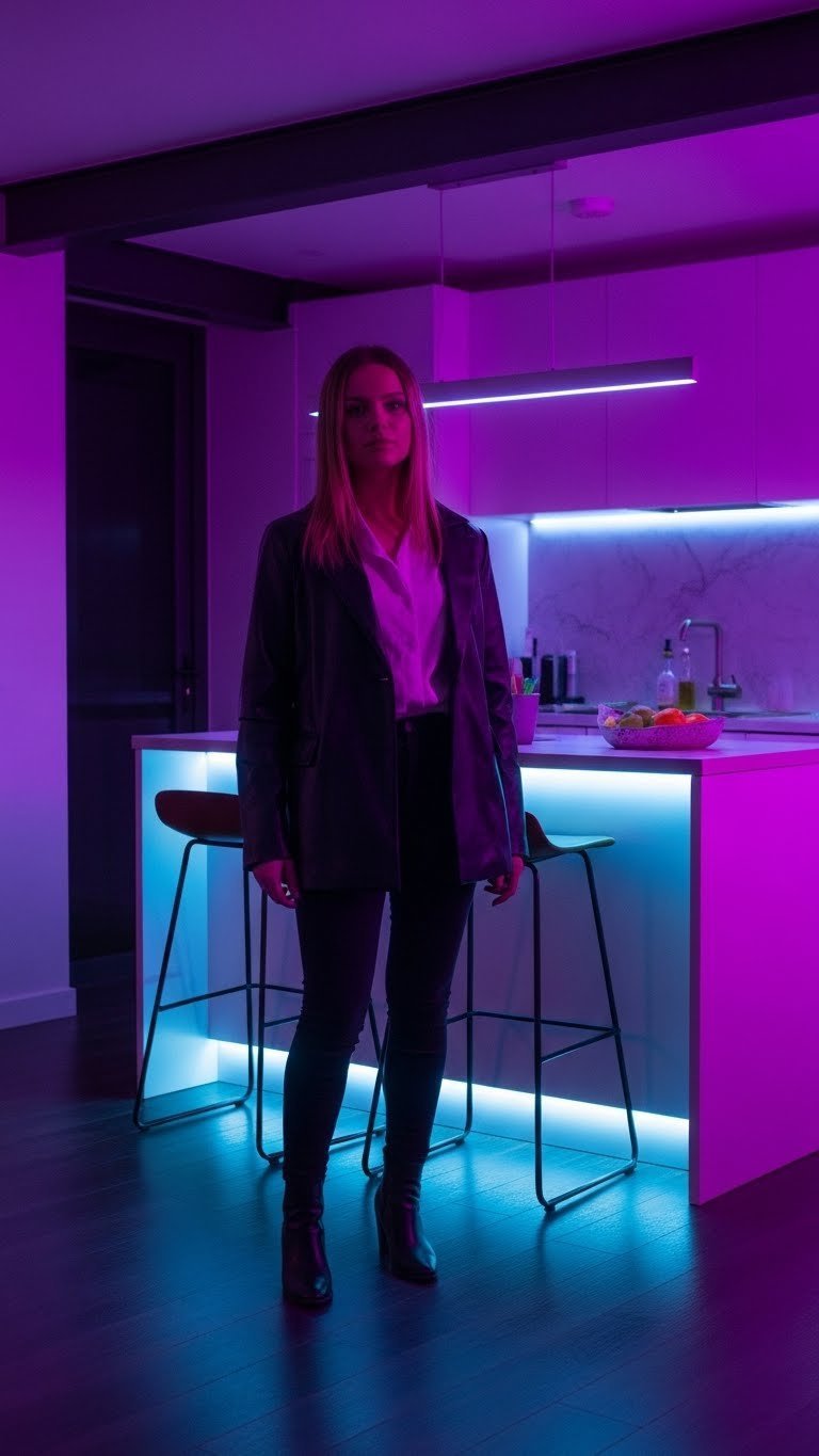 Toca Boca Neon Rainbow Apartment kitchen showcasing dynamic lighting zones with varied neon ceiling lights and glowing floor accents.