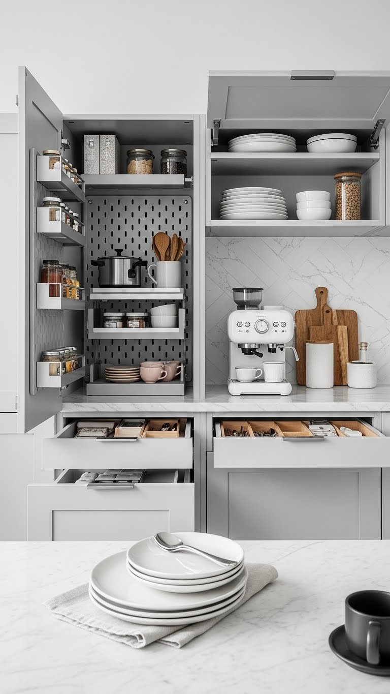 Toca Boca Apartment Kitchen: 7 Stunning Free Ideas! 8 Toca Boca compact smart kitchen with pull-out drawers, vertical storage solutions, and sleek grey-white color palette