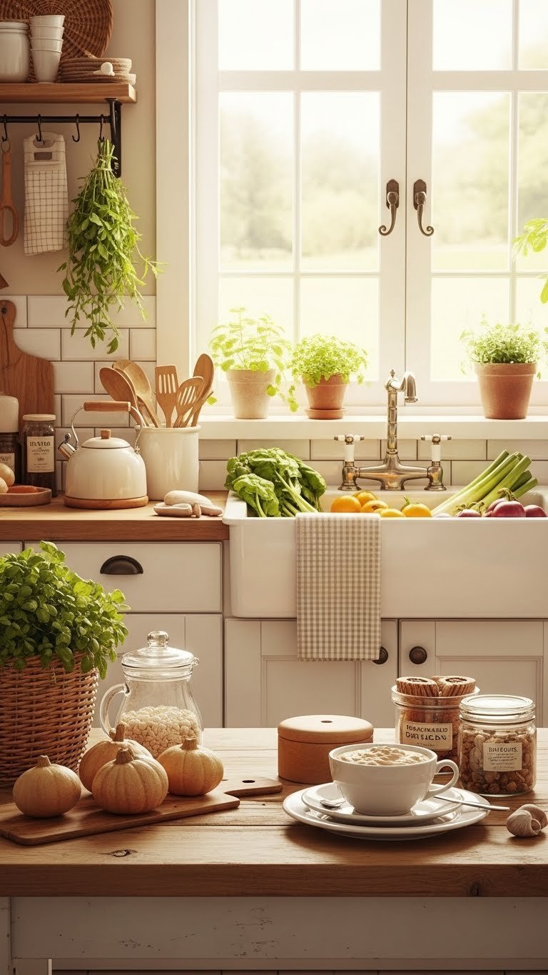 Toca Boca Apartment Kitchen: 7 Stunning Free Ideas! 1 Toca Boca cozy farmhouse kitchen with rustic wooden countertop, white subway tile backsplash, and ceramic sink filled with fresh produce