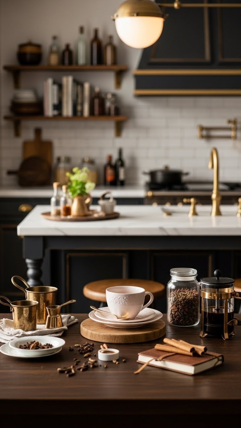Toca Boca Apartment Kitchen: 7 Stunning Free Ideas! 10 Toca Boca dark academia chef's kitchen with dark wood cabinetry, brass accents, and marble-top island