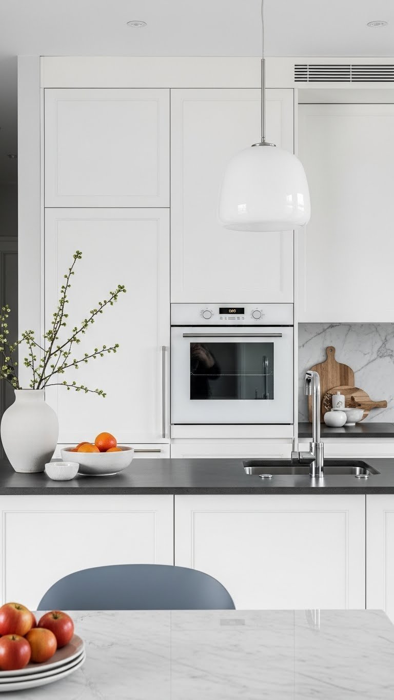 Toca Boca Apartment Kitchen: 7 Stunning Free Ideas! 3 Toca Boca modern minimalist kitchen with sleek white cabinets, dark grey countertop, and elegant hanging pendant light