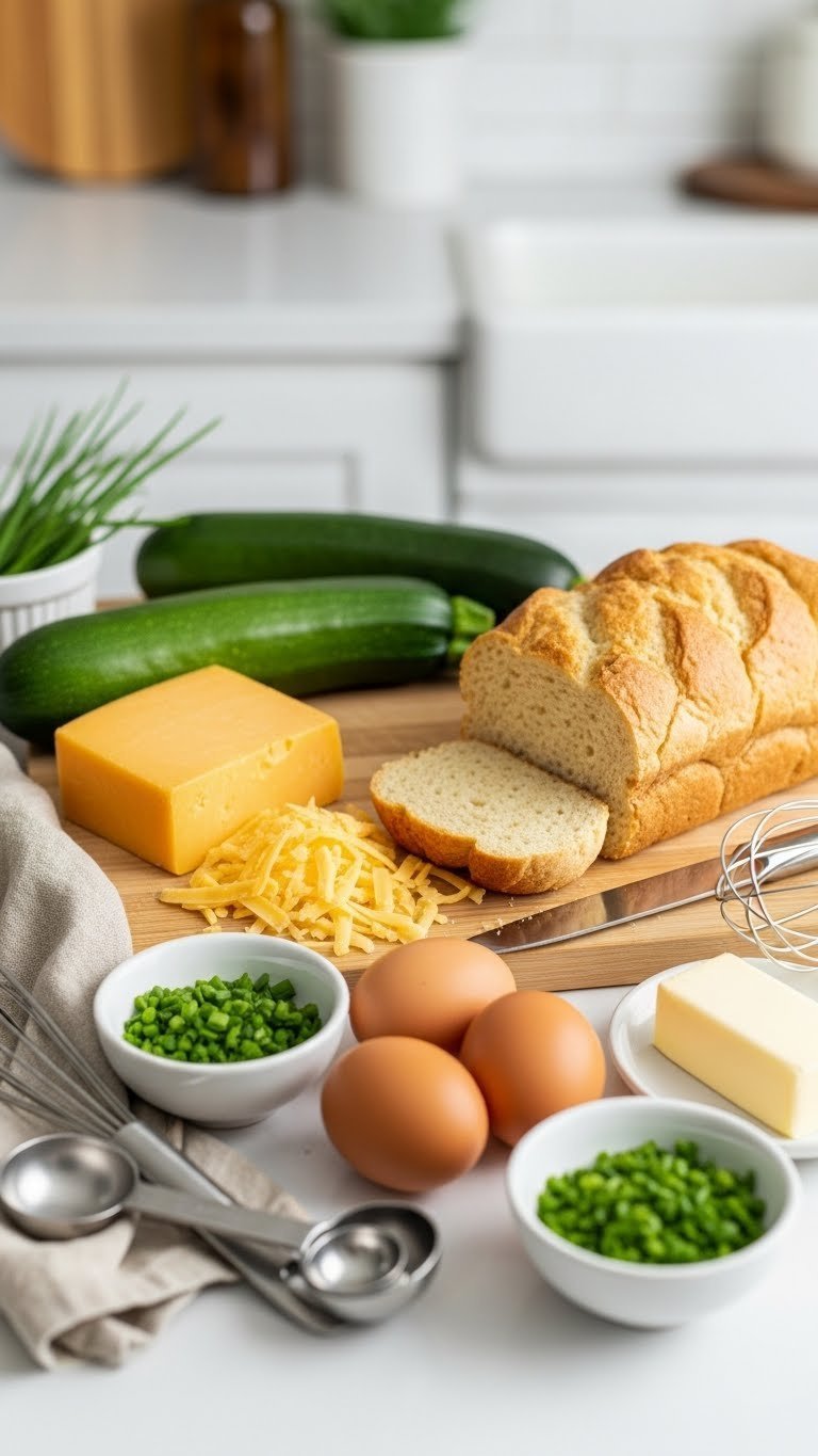 Top-down flat lay of fresh green zucchini, shredded cheddar cheese, eggs, butter and chives arranged on light wooden cutting board for zucchini bread recipe
