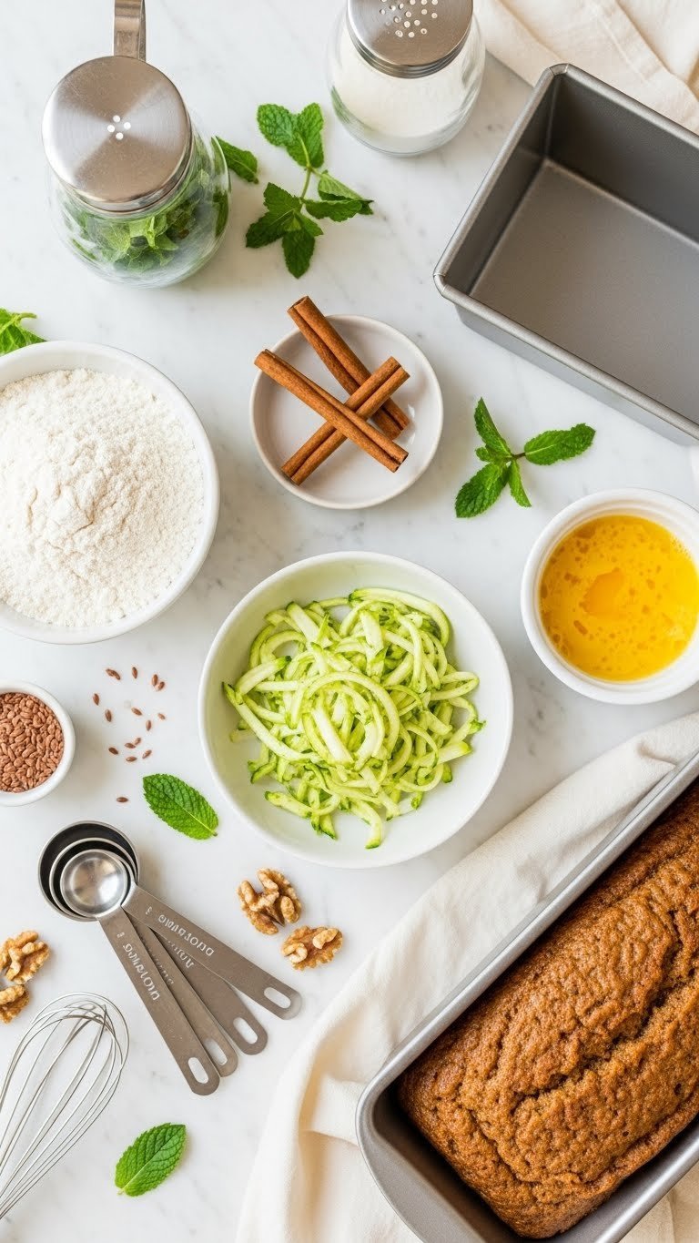 Top-down flat lay of vegan zucchini bread ingredients including shredded zucchini, flour bowl, flax egg mixture, and loaf pan on white marble countertop