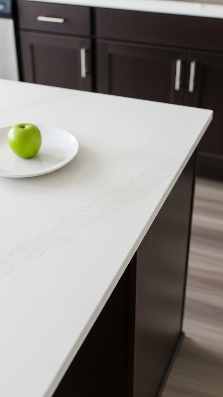Top-down view of light quartz countertop abutting dark wood cabinets creating high-contrast kitchen design