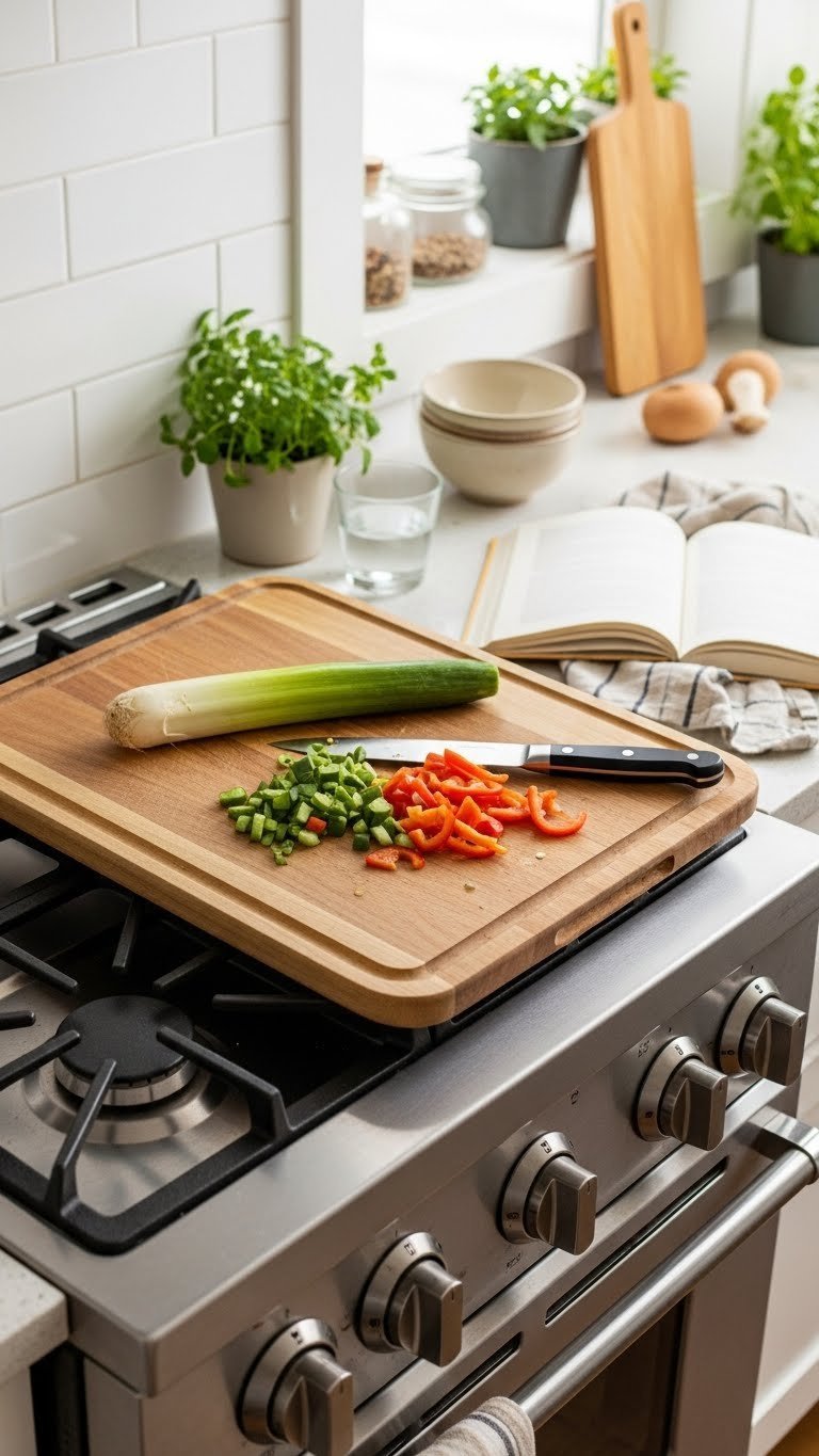 Top-down view of rustic wooden stove top cover used as cutting board with freshly chopped vegetables and chef's knife