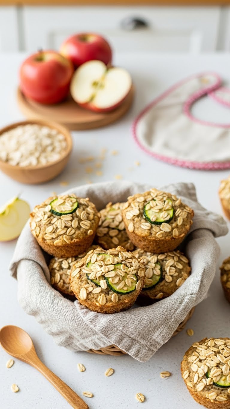 Zucchini Baking For Babies: Essential Safe &Amp; Healthy Recipes 11 Top-down view of rustic zucchini apple oat muffins with visible oats in woven linen-lined basket