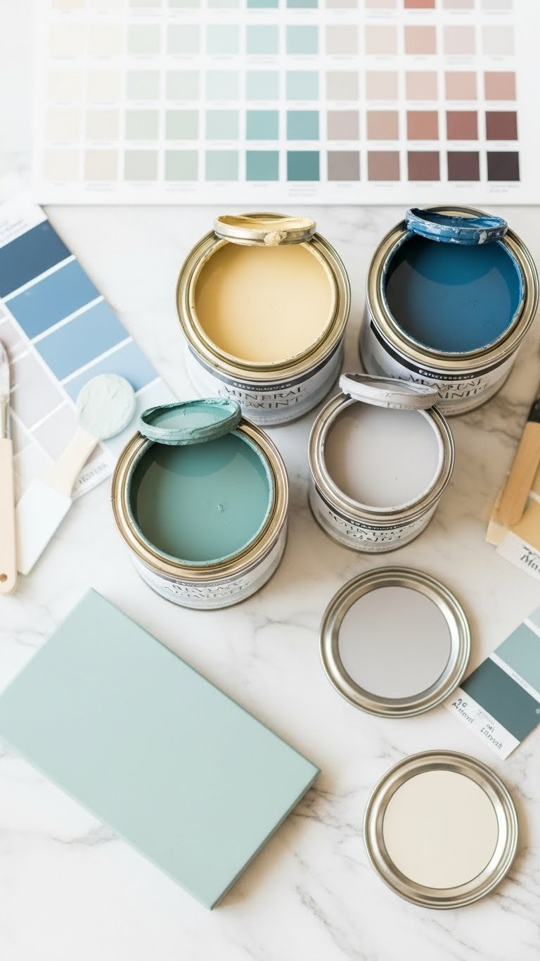 Top-down view of three paint cans showcasing mineral, acrylic, and chalk paint options with swatches.