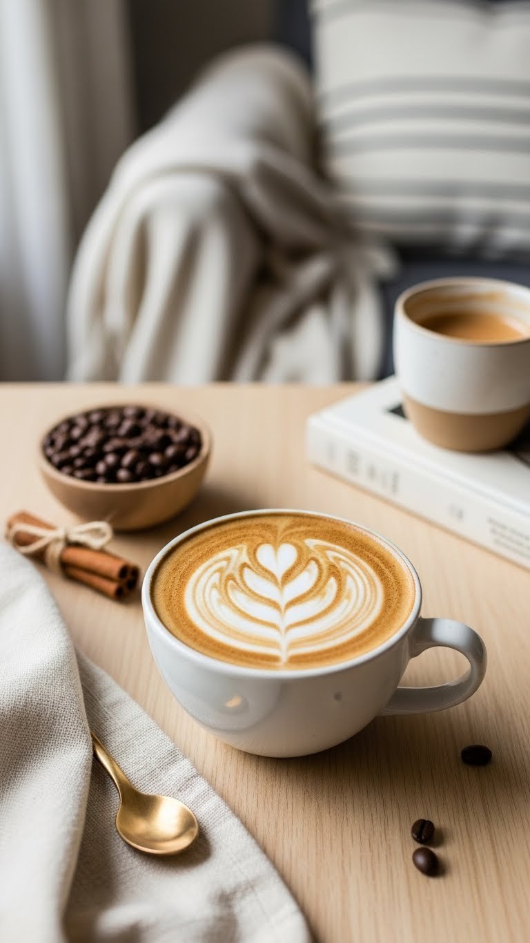 Top-down view of warm vanilla latte with heart-shaped art in ceramic mug on light wooden table