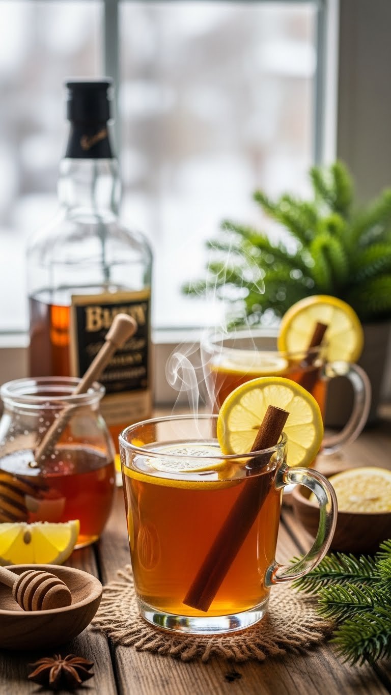 Traditional hot toddy in clear glass mug with lemon slice and cinnamon stick steaming gently