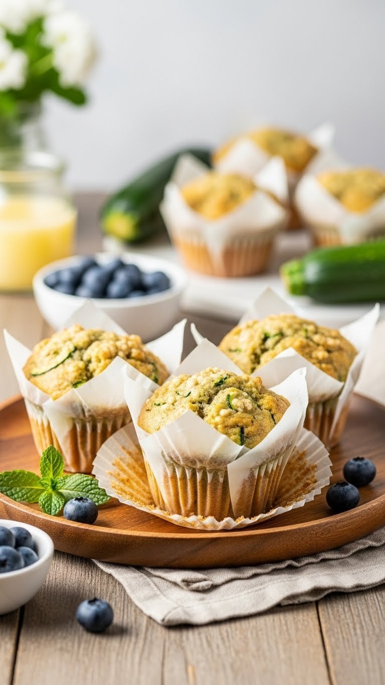 Trio of golden-brown high protein zucchini muffins with crinkled paper liners revealing moist crumb flecked with green zucchini.