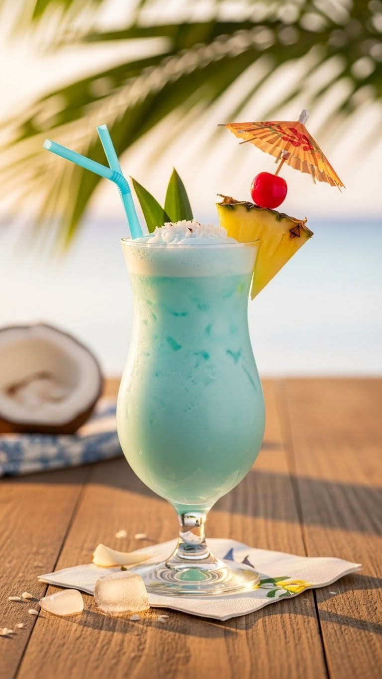 Tropical Blue Hawaii mocktail in frosted hurricane glass with pineapple wedge and umbrella garnish on rustic wooden table
