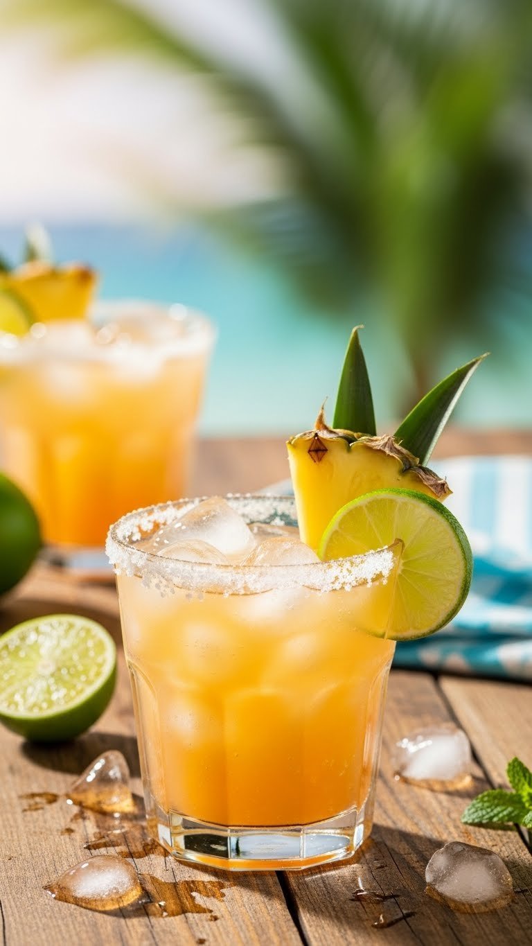 Tropical Red Bull Margarita in salt-rimmed glass with pineapple and lime garnish against soft beach background