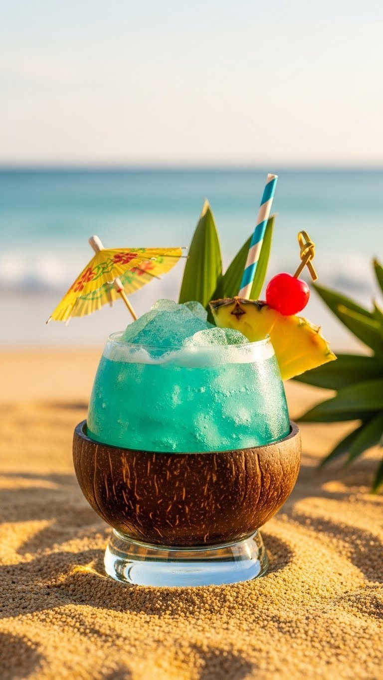Tropical blue-green Turtle Shell Tonic cocktail in coconut shell glass with frothy top layer on sandy surface