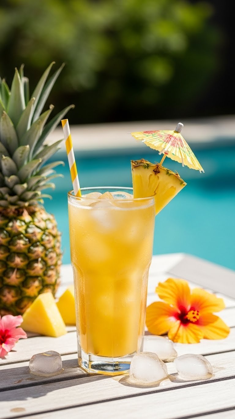 Tropical pineapple Sprite punch with pineapple wedge and tiny umbrella in frosted glass on patio table