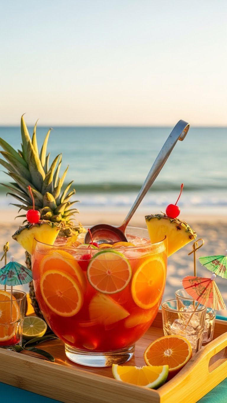 Tropical rum punch in large glass bowl overflowing with fresh fruit slices on sandy beach setting.