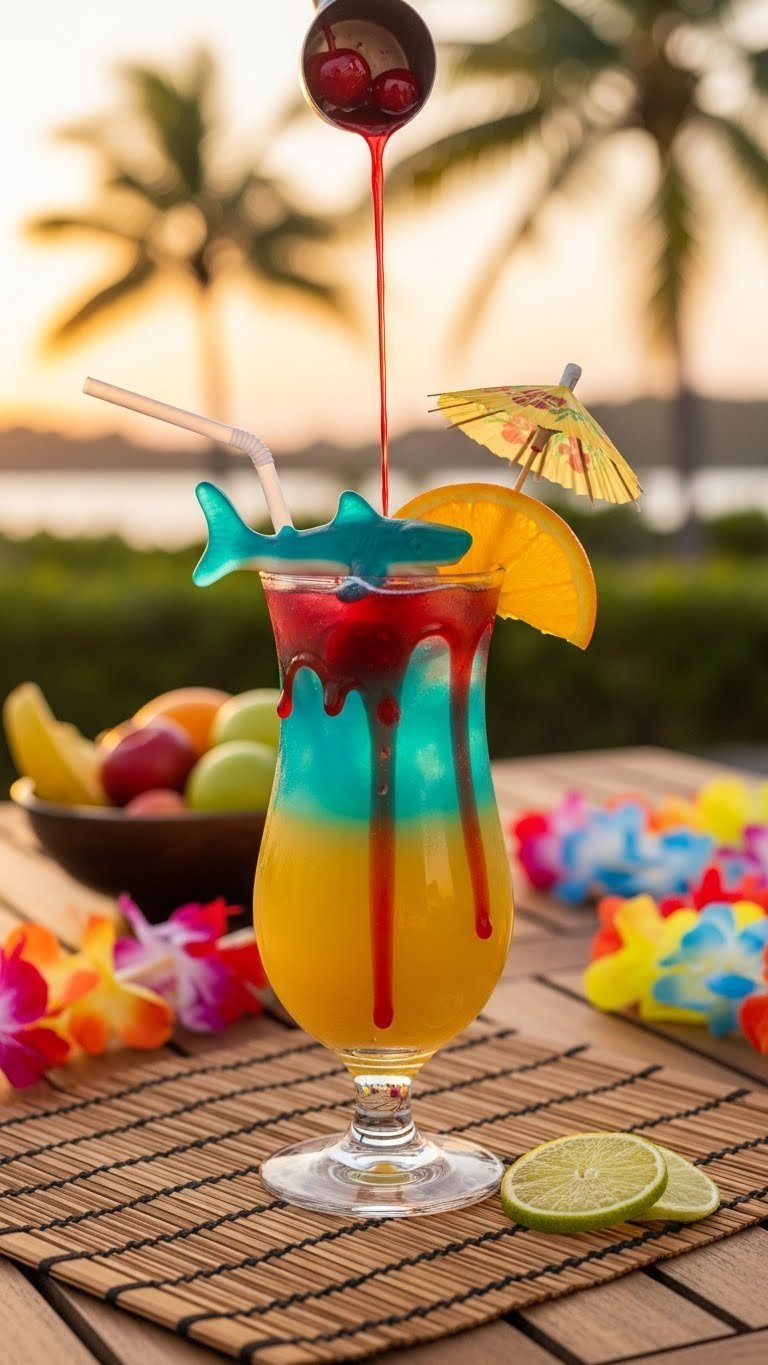 Tropical shark mocktail in hurricane glass with yellow, blue and red layers against palm tree background