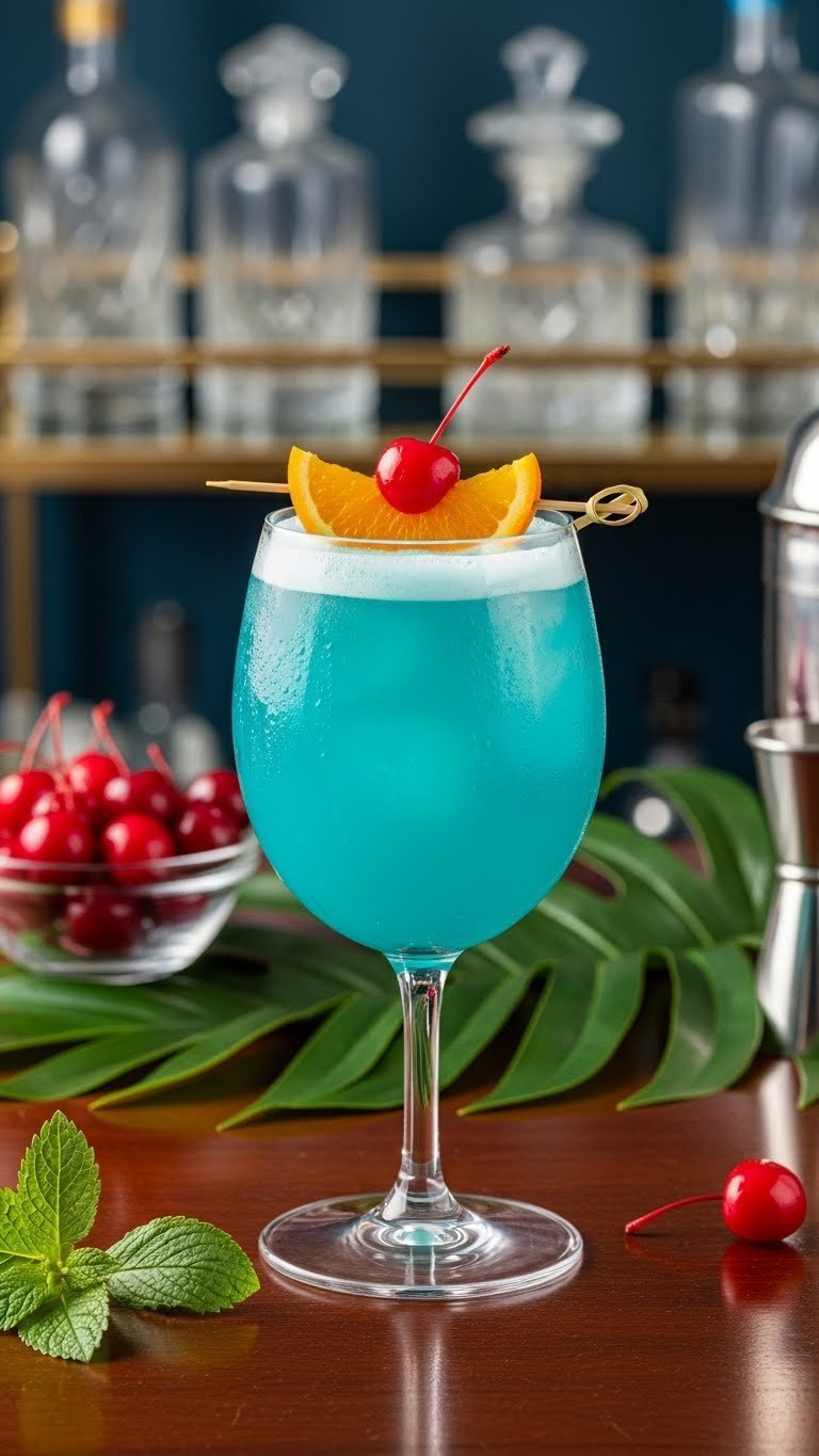 Turquoise blue lagoon mocktail in stylish goblet with orange slice and cherry garnish on dark wood table