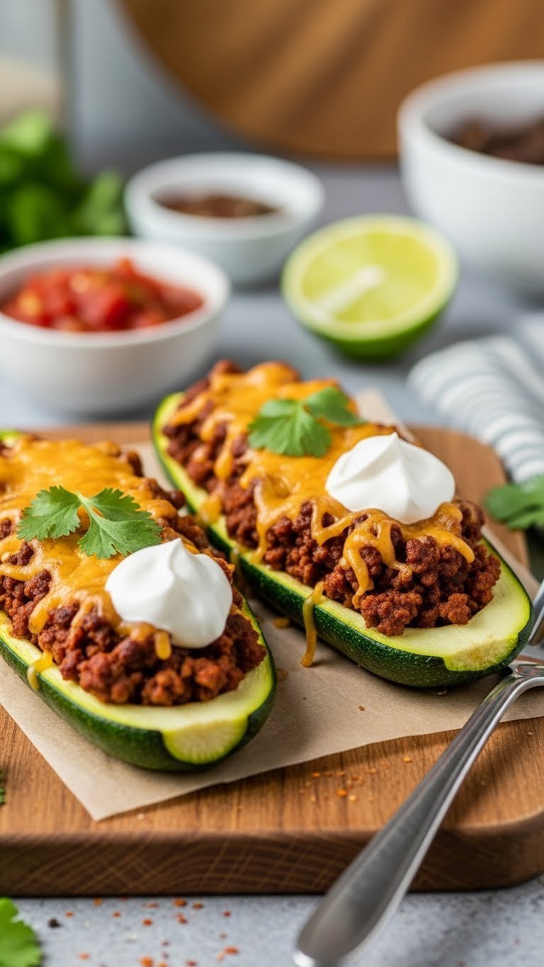 Two classic taco-seasoned beef zucchini boats with melted cheddar cheese, cilantro garnish, and sour cream on rustic wooden board.
