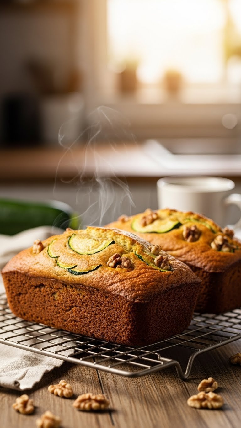 Two golden brown zucchini bread loaves cooling on wire rack with visible walnuts and steam
