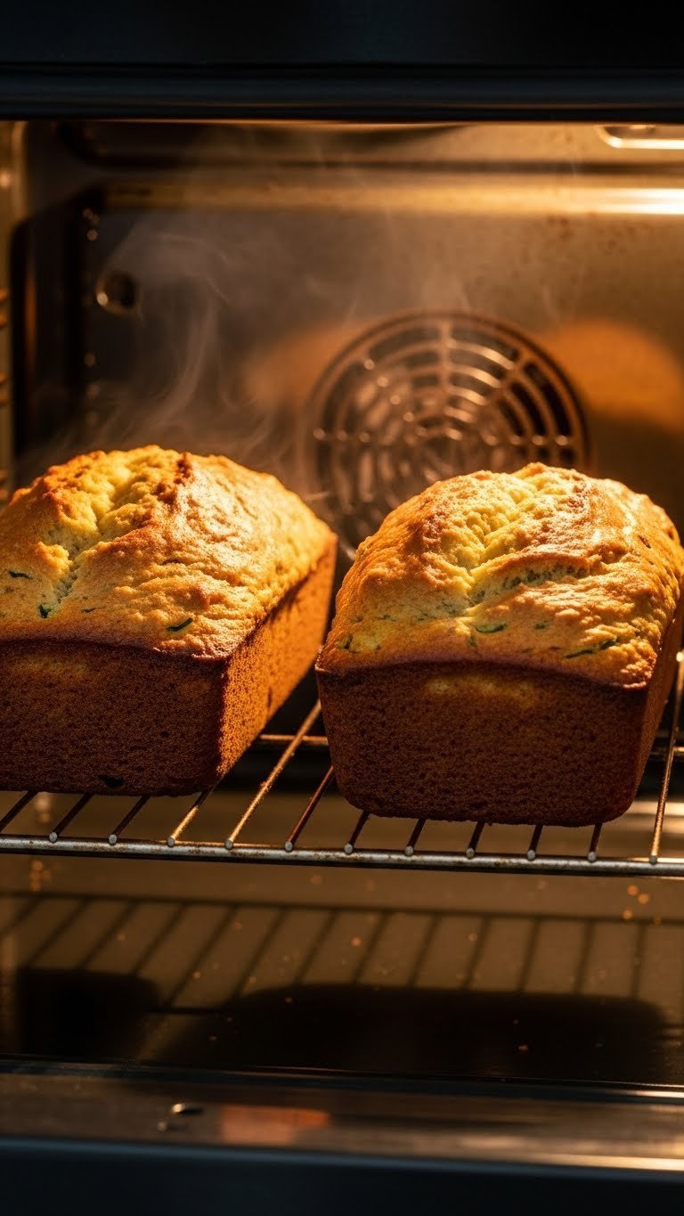 Two golden-brown zucchini pineapple bread loaves baking in oven with steam rising and wire rack visible.