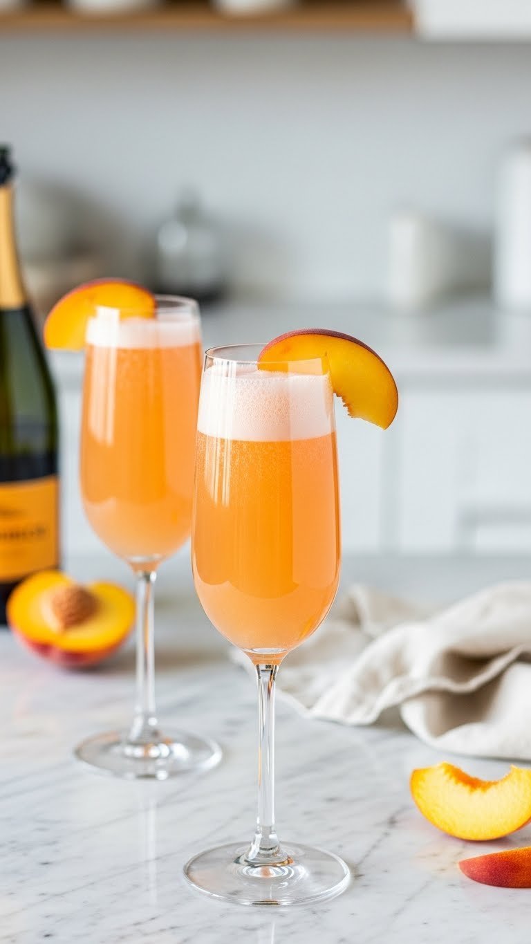 Two peach bellinis in champagne flutes with peach slice garnish on elegant marble surface
