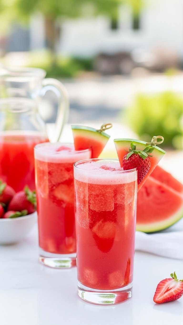 Two tall glasses of sparkling strawberry watermelon mocktail with fresh fruit garnish on white patio table