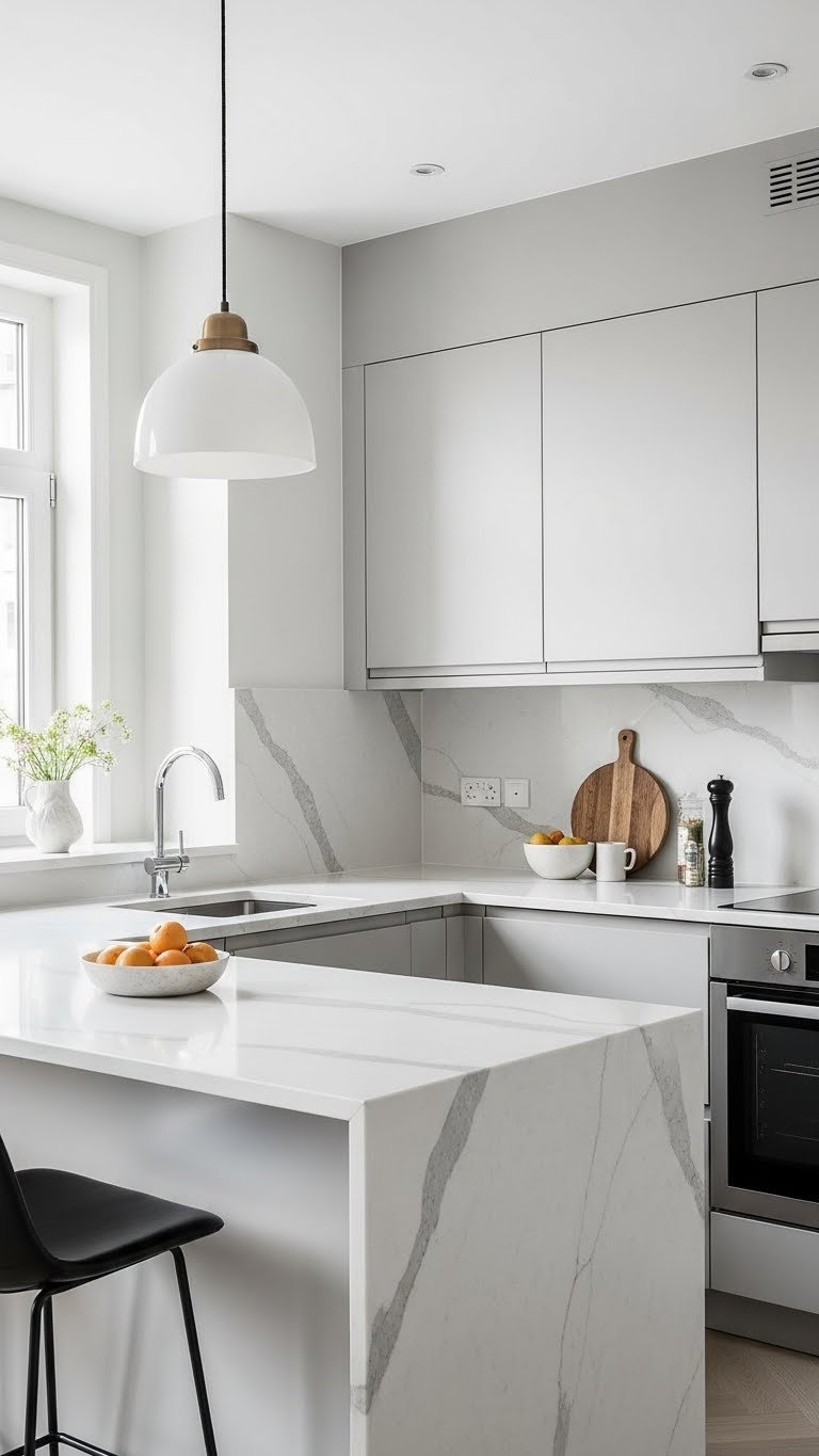 U-shaped compact kitchen with marble countertops and integrated appliances maximizing three walls for storage.