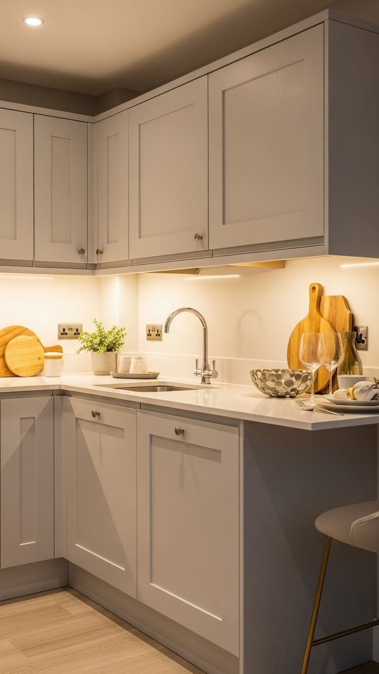 UK apartment kitchen illuminated by layered lighting with under-cabinet strips and pendant lights at dusk