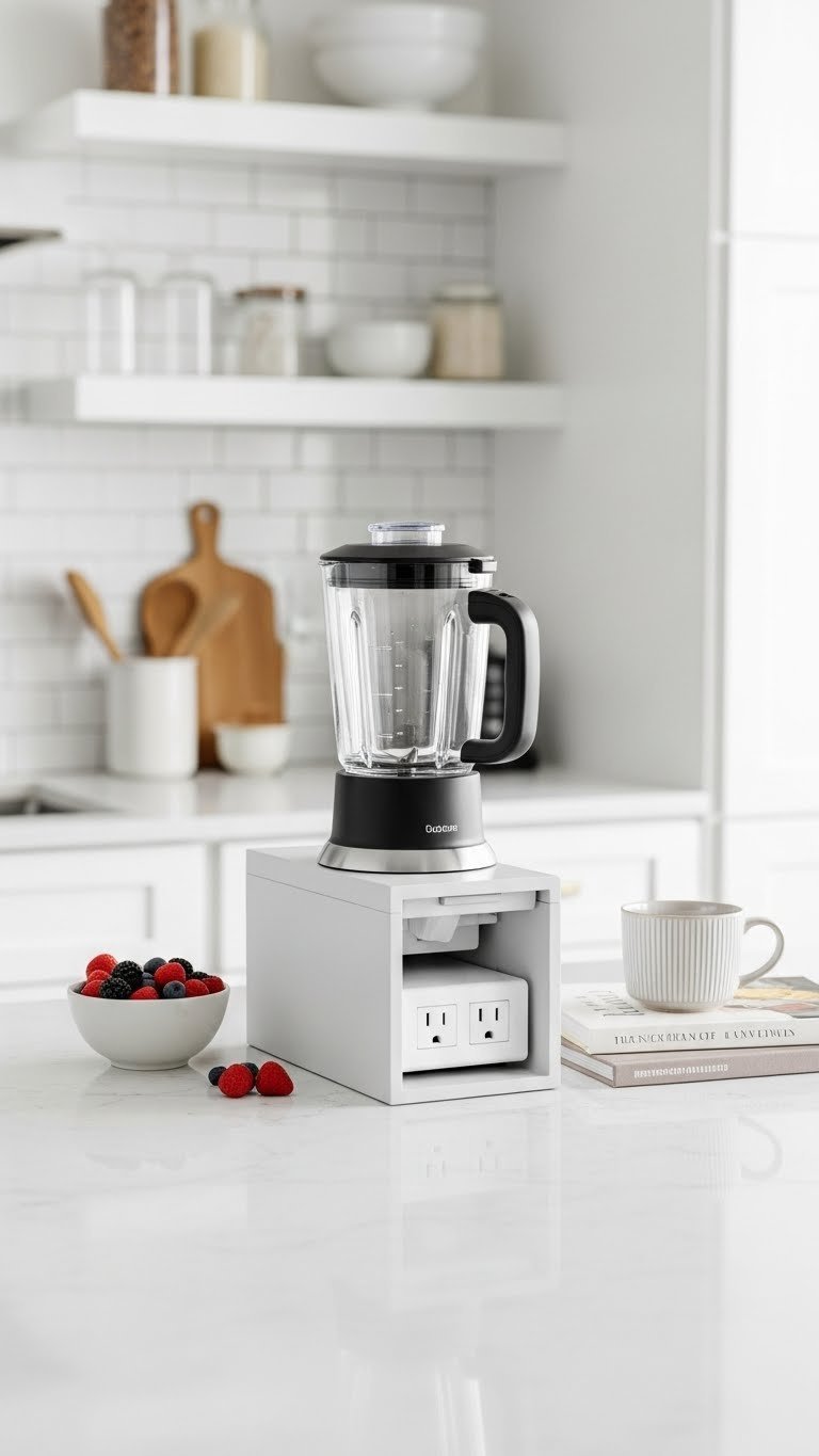 Ultra-compact micro-island with pop-up power outlets showcasing blender in minimalist kitchen space